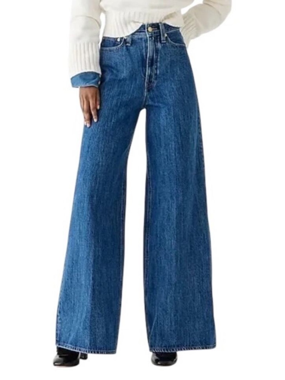 J. Crew High Rise Super Wide Leg Jeans Mid Blue Denim Baggy Size 30T 34” EUC - Picture 1 of 12